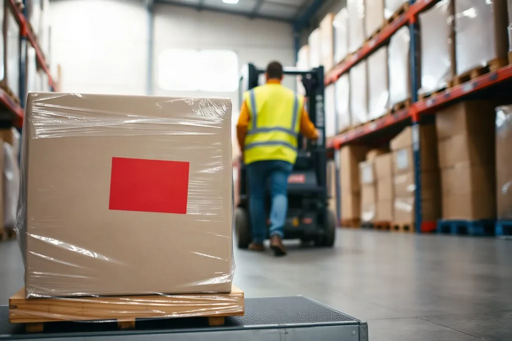 Bancale di merce filmata con etichetta rossa su una pesa industriale in un magazzino, carrello elevatore sullo sfondo