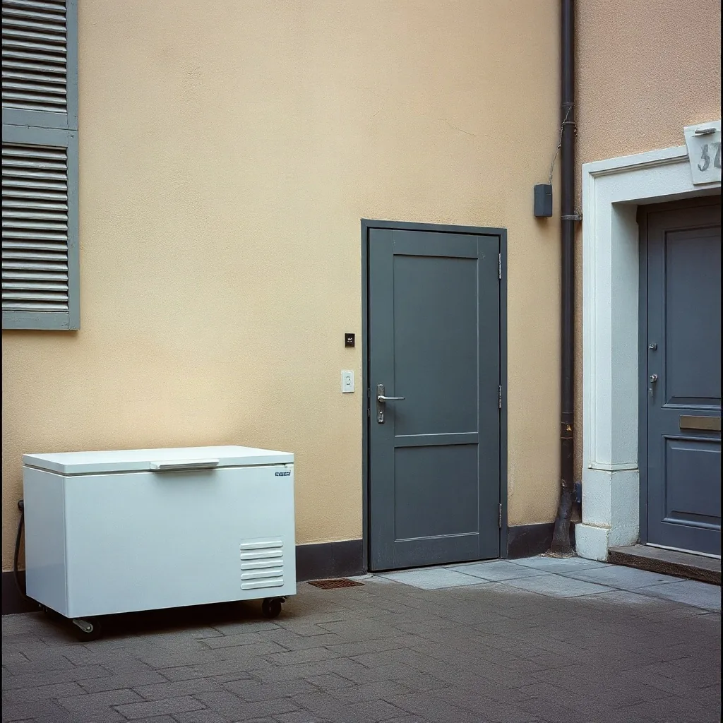 Ingresso di servizio di una clinica veterinaria con un piccolo contenitore refrigerato bianco contro la parete