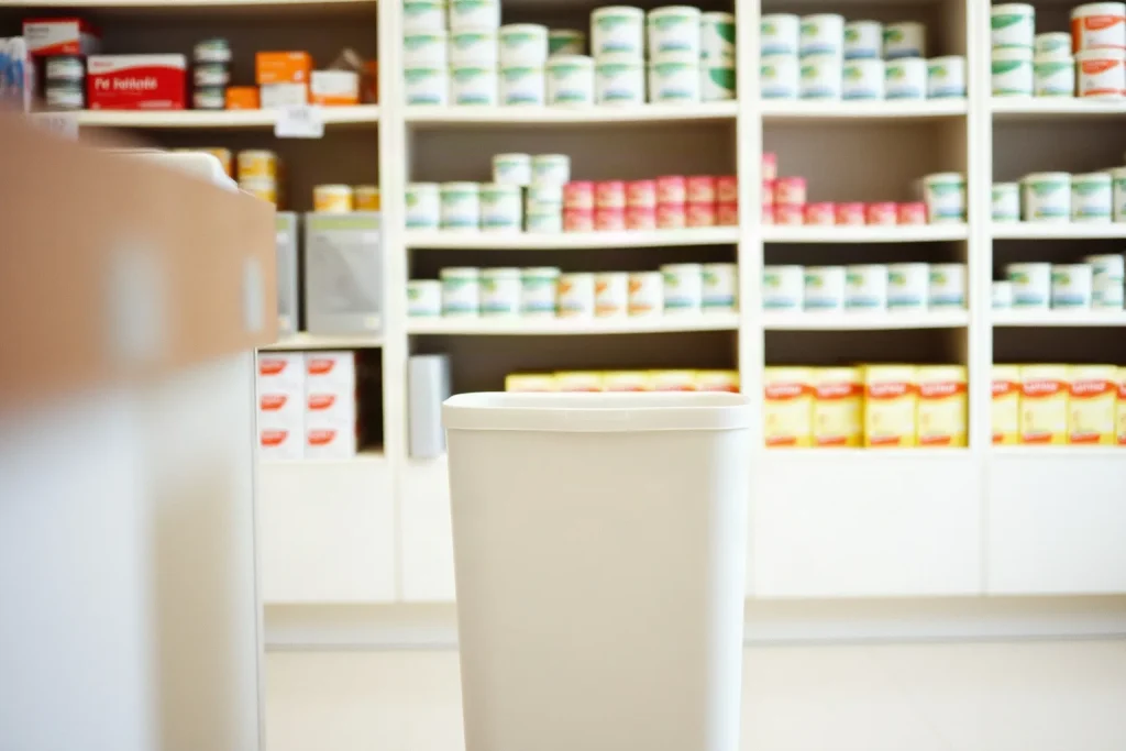 Bidone bianco sigillato per la raccolta dei farmaci scaduti accanto al banco di una farmacia