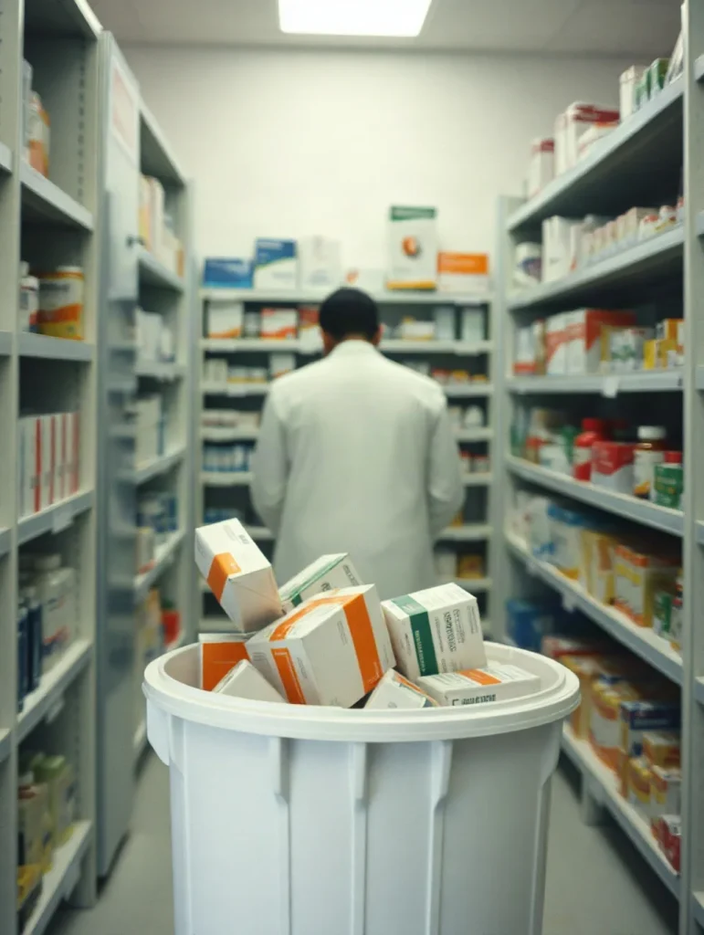 Farmacista di spalle nel retrobottega mentre conferisce confezioni scadute in un contenitore bianco sigillato