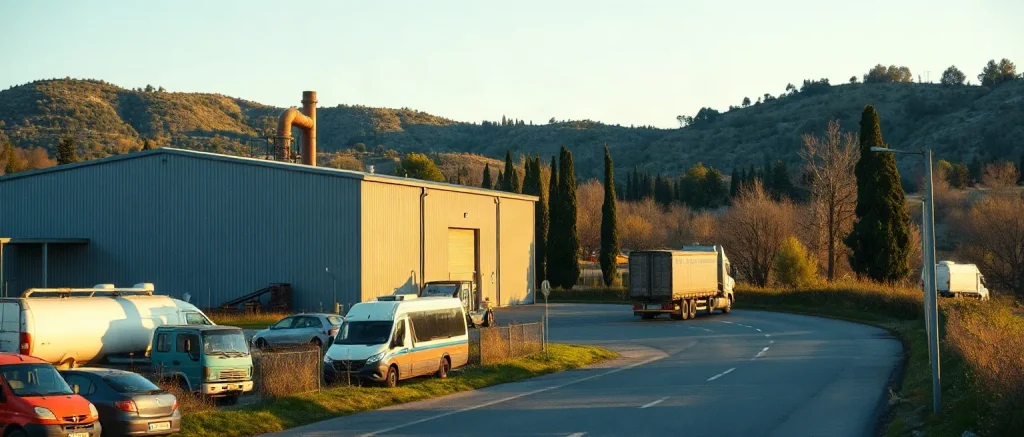 Impianto di incenerimento visto dalla strada d'accesso con capannone grigio, camino, camion e cipressi