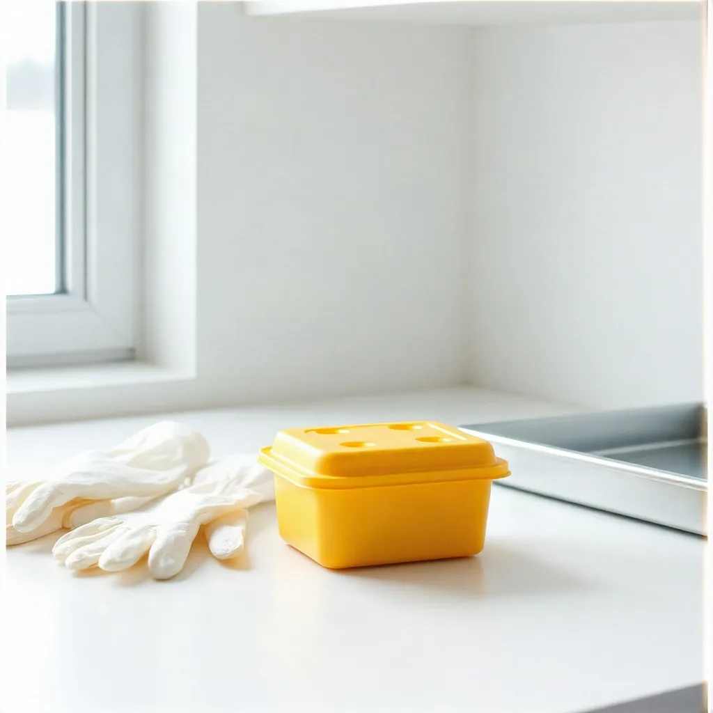 Piccolo contenitore rigido giallo con coperchio chiuso su un banco di laboratorio accanto a guanti e vassoio