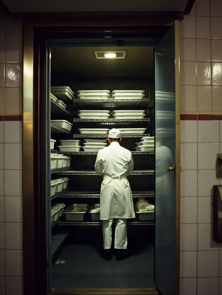 Porta aperta di una cella frigorifera in una cucina industriale con scaffali d'acciaio, cuoco di spalle