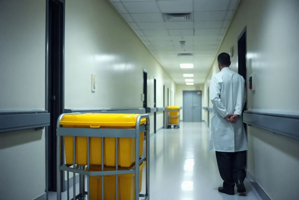 Carrello d'acciaio con contenitori gialli chiusi spinto lungo un corridoio di servizio di un ospedale