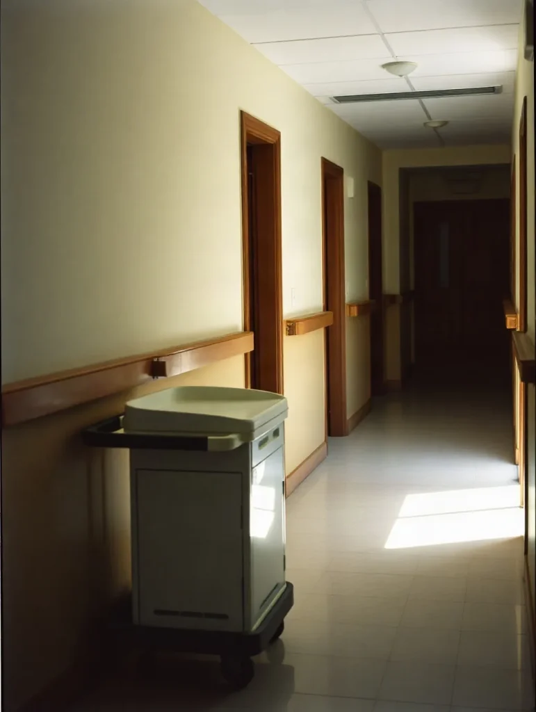 Corridoio silenzioso di una residenza per anziani con un carrello dei medicinali accostato alla parete