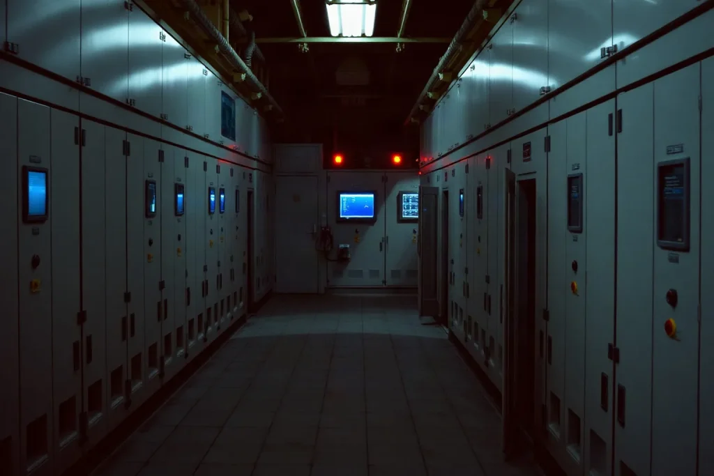 Sala controllo di un impianto industriale con file di quadri elettrici grigi, manometri e spie