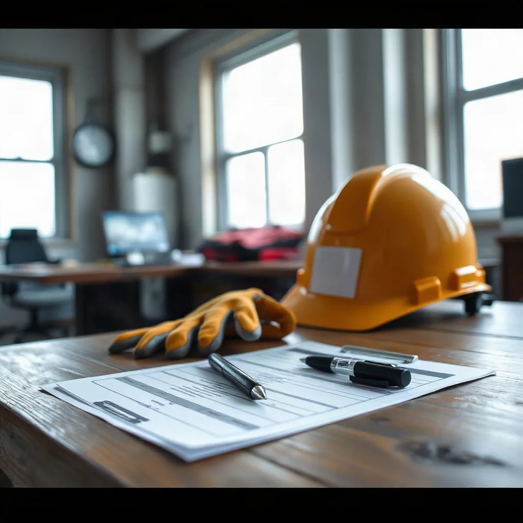 Modulo stampato con penna, guanti da lavoro e casco su un tavolo di legno in un ufficio di impianto